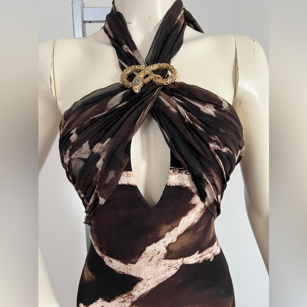 Roberto Cavalli Silk Animal Print Halter Gown with Snake Brooch – Size XS - Picture 4 of 17